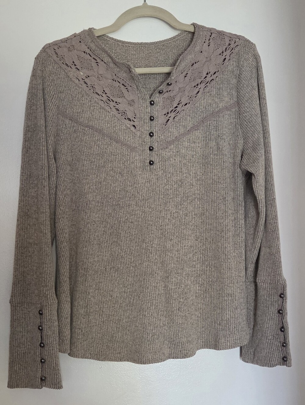 Women's Taupe Lace-Trim Henley Long Sleeve Top